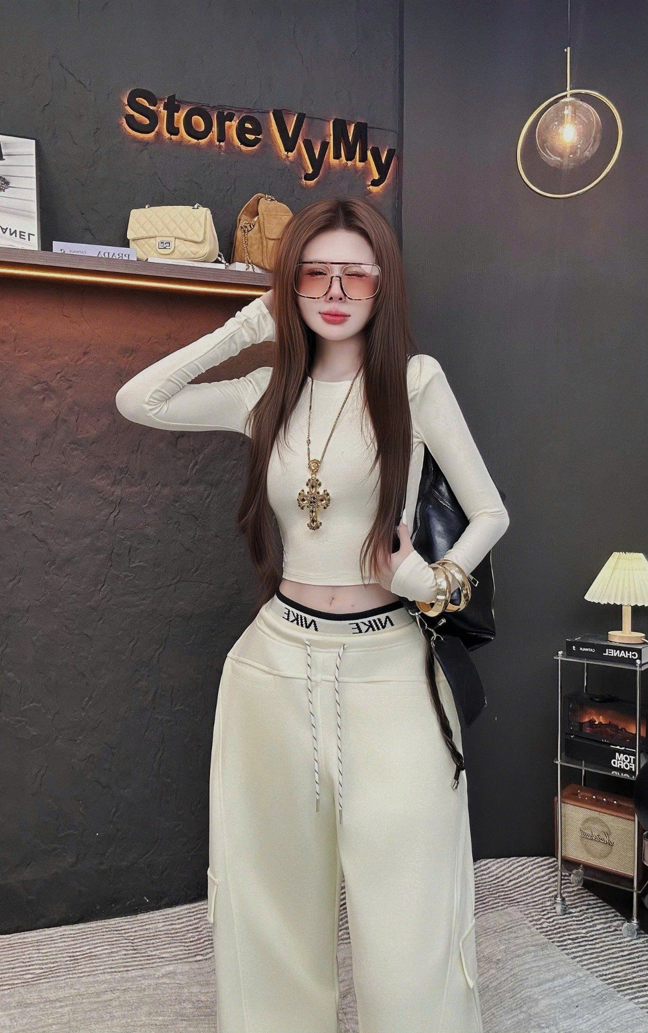  Set áo thun tay dài basic mix quần suông rộng cạp nike - KEM - E32 