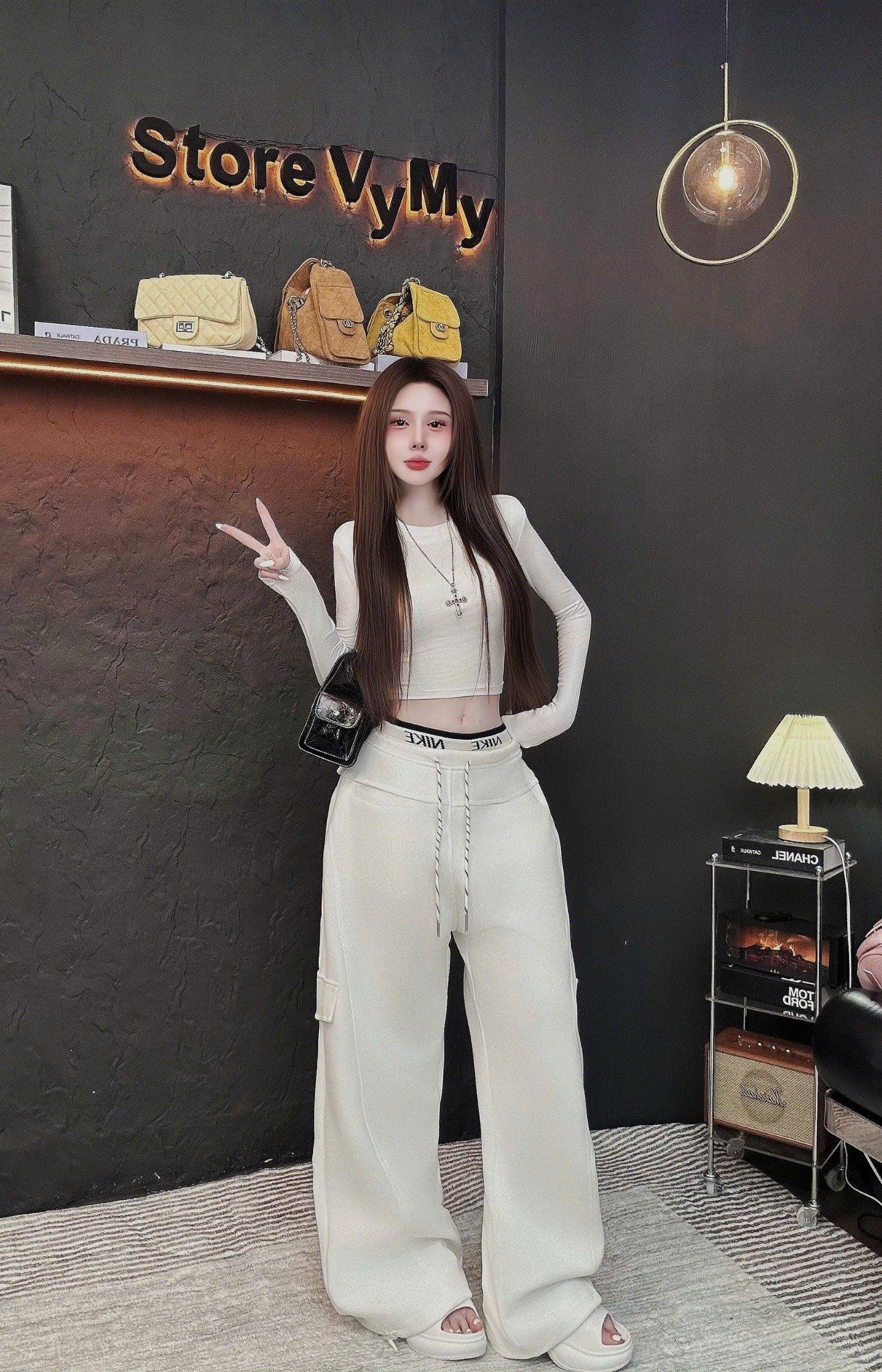  Set áo thun tay dài basic mix quần suông rộng cạp nike - TRẮNG - E33 