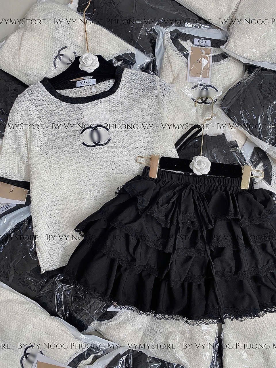  Set áo len viền cổ chanel mix chân váy tầng xòe - N15 