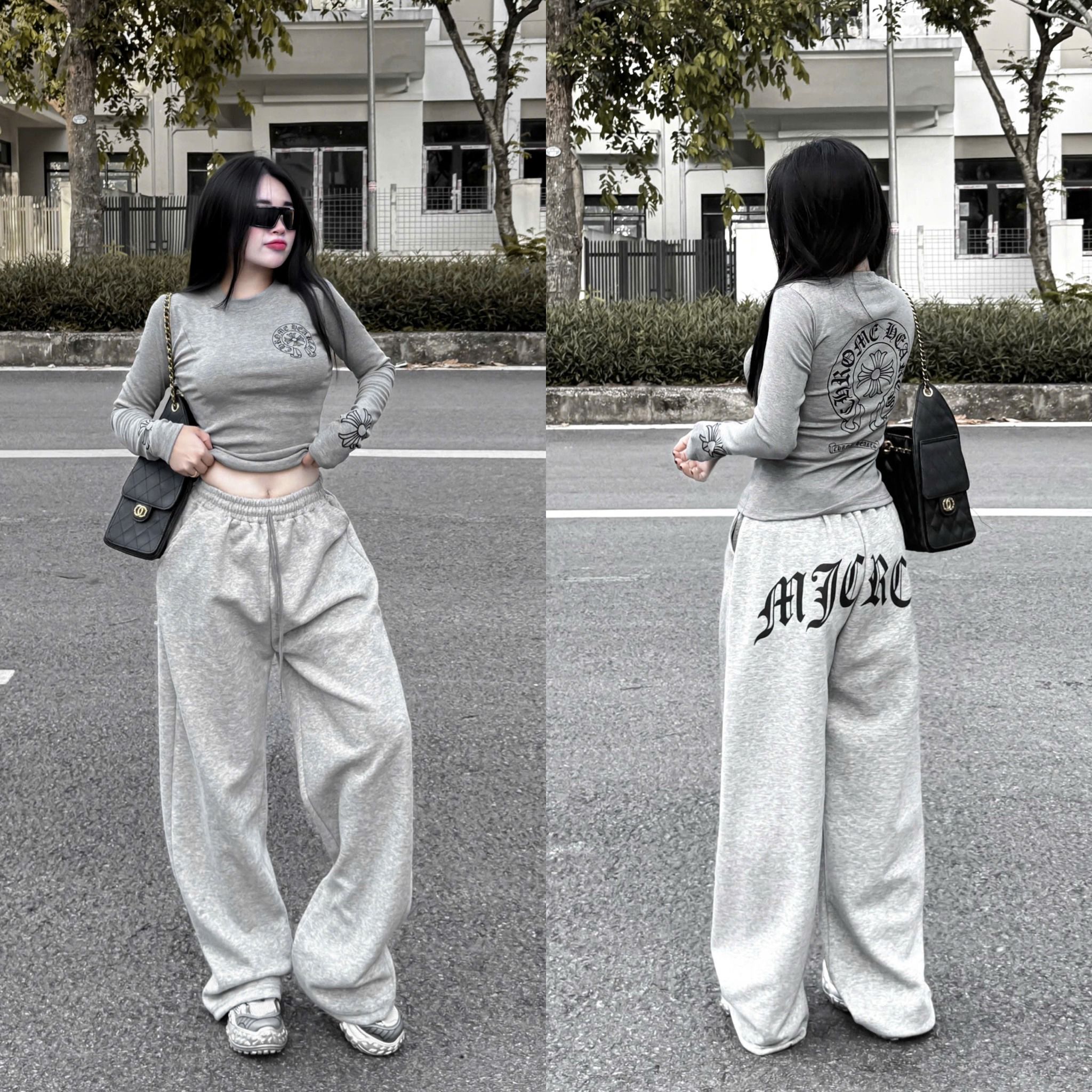  Set áo tay dài Chorme mix quần suông dài hottrend - XÁM - E77 