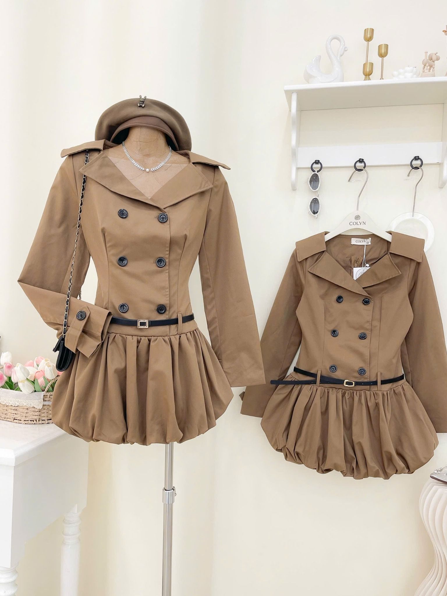  Váy dài tay đính cúc chân bí bồng kèm đai phong cách thu đông - E82 (eo S<68, M<72) 