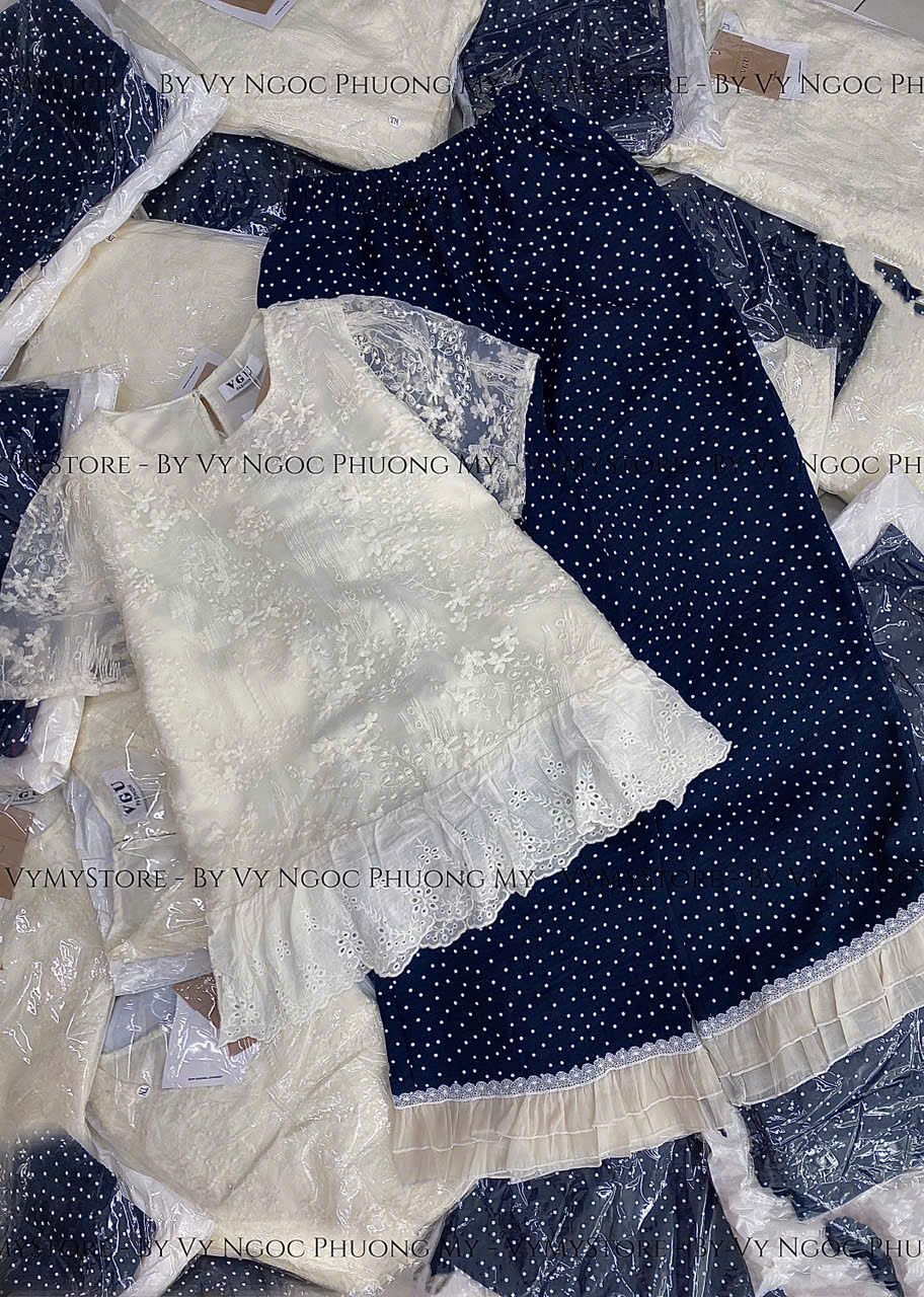  Set áo ren cộc tay 2 lớp mix quần suông dài chấm bi phối bèo - E75 H49 