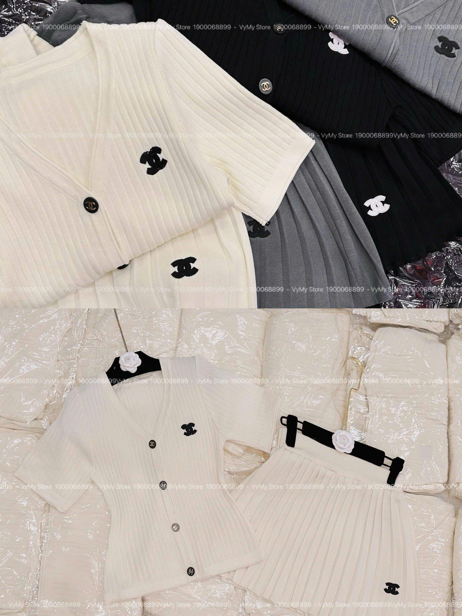  Set bộ len áo cổ V cài nút logo chanel mix chân váy xếp ly - KEM - N140 