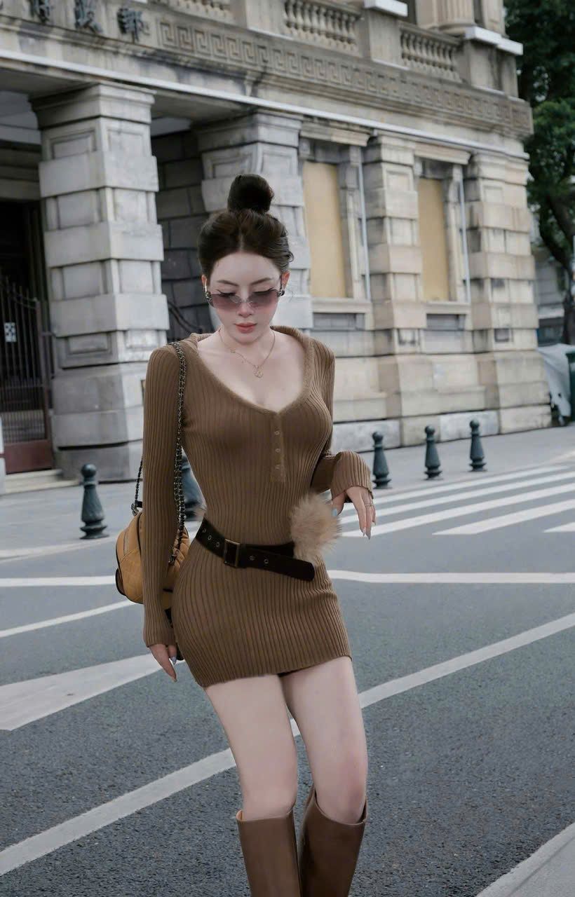  Váy len gân cổ v đính cúc phối đai lông style mùa thu - E88 