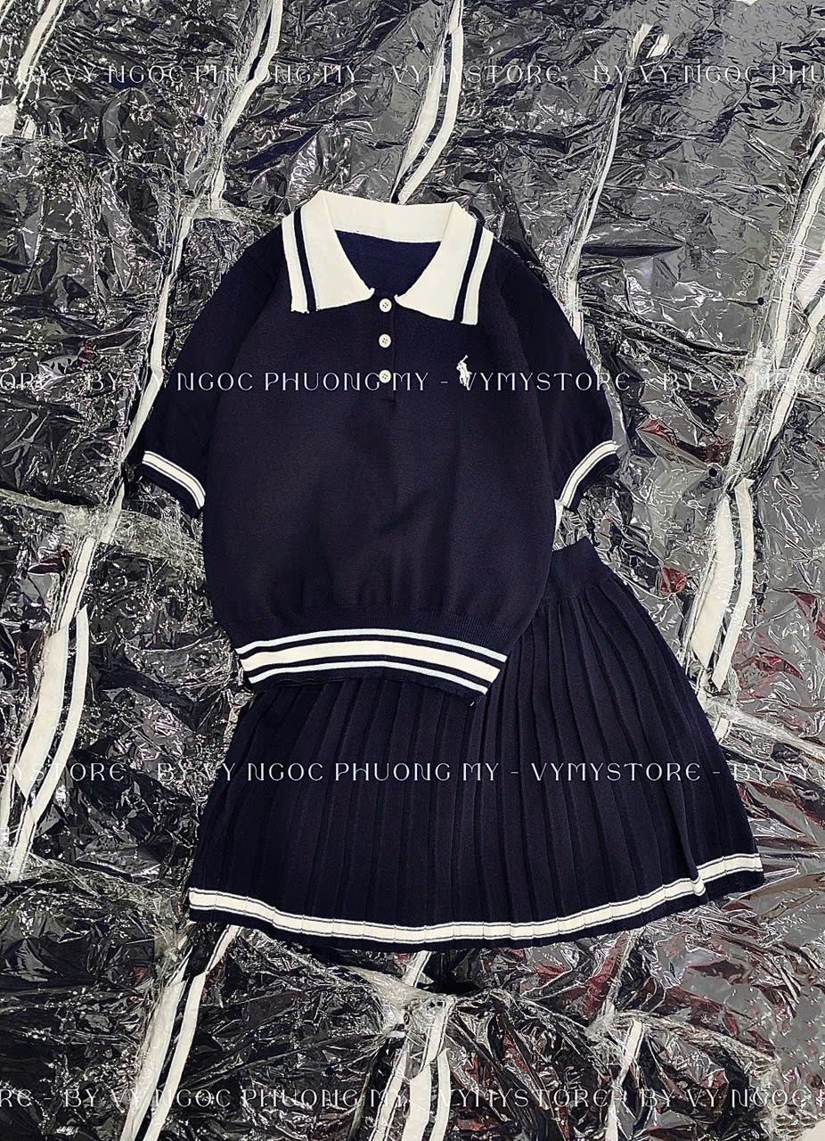  Set len áo cổ polo thêu ngựa mix chân váy xếp li - XANH - E91 