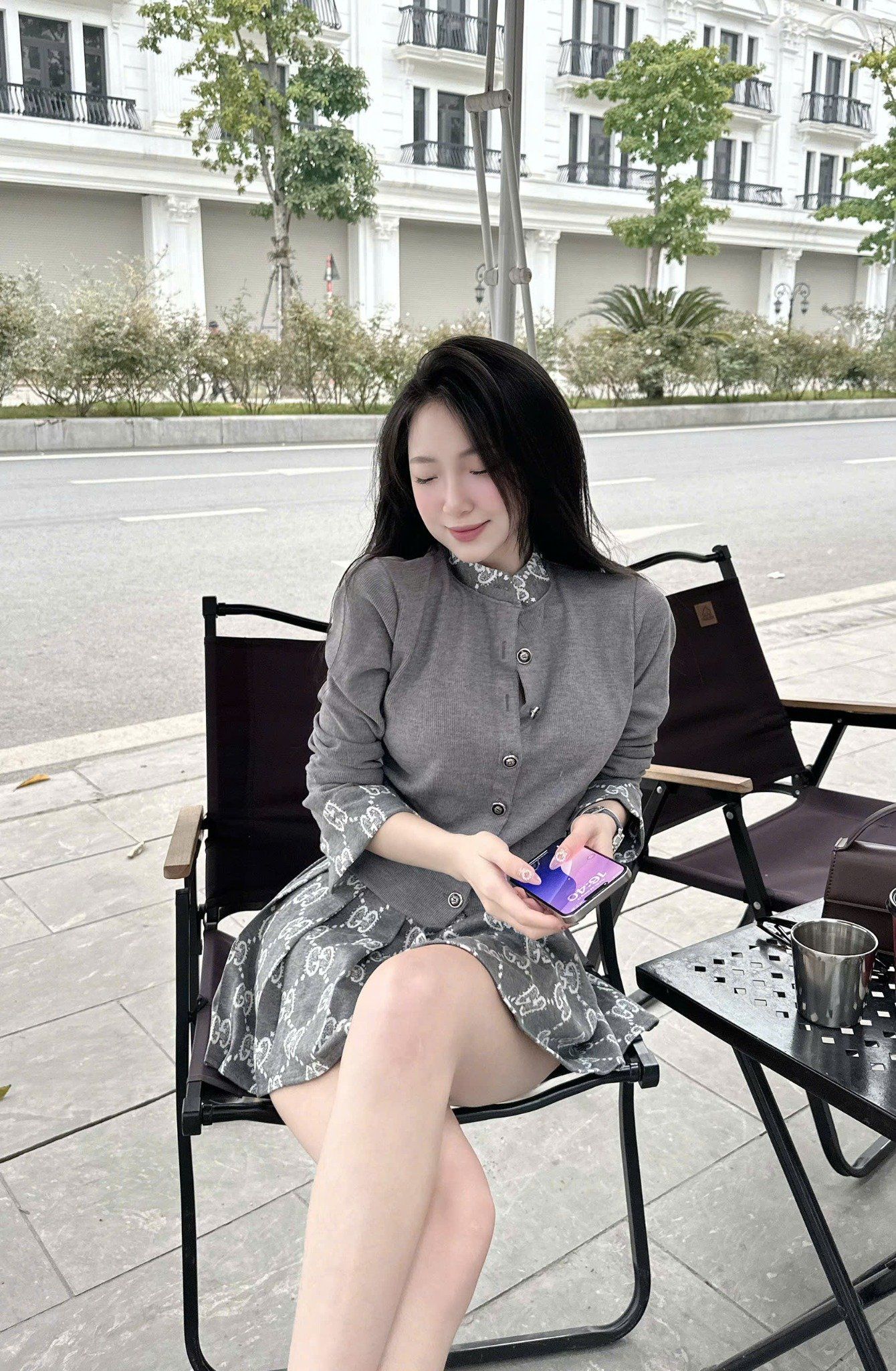  Set bộ áo tay dài mix chân váy xếp ly gucci - XÁM - E123 