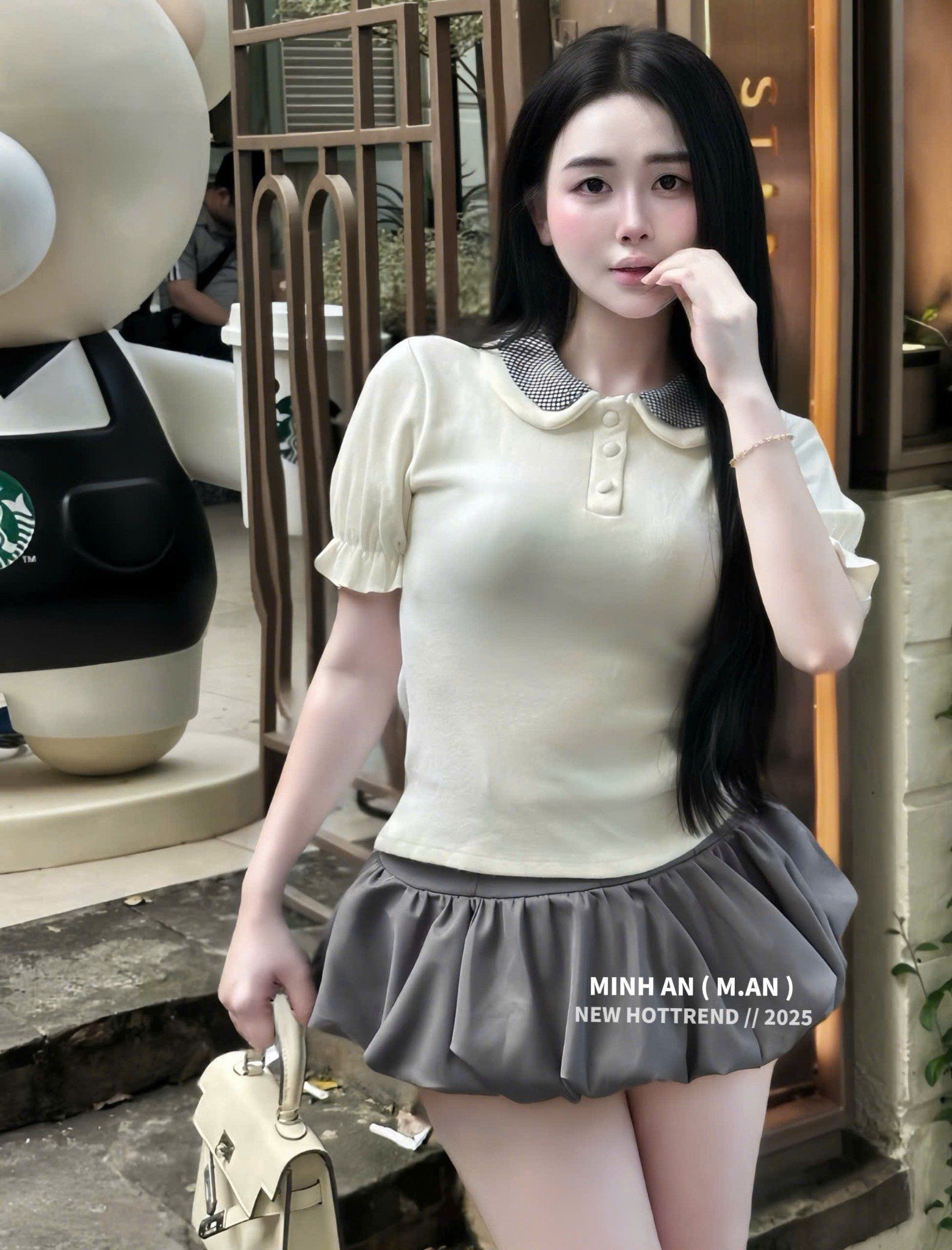  Set áo tay bồng cổ sen phối caro mix chân váy bồng bí - KEM - E128 (eo S<68, M<72) 