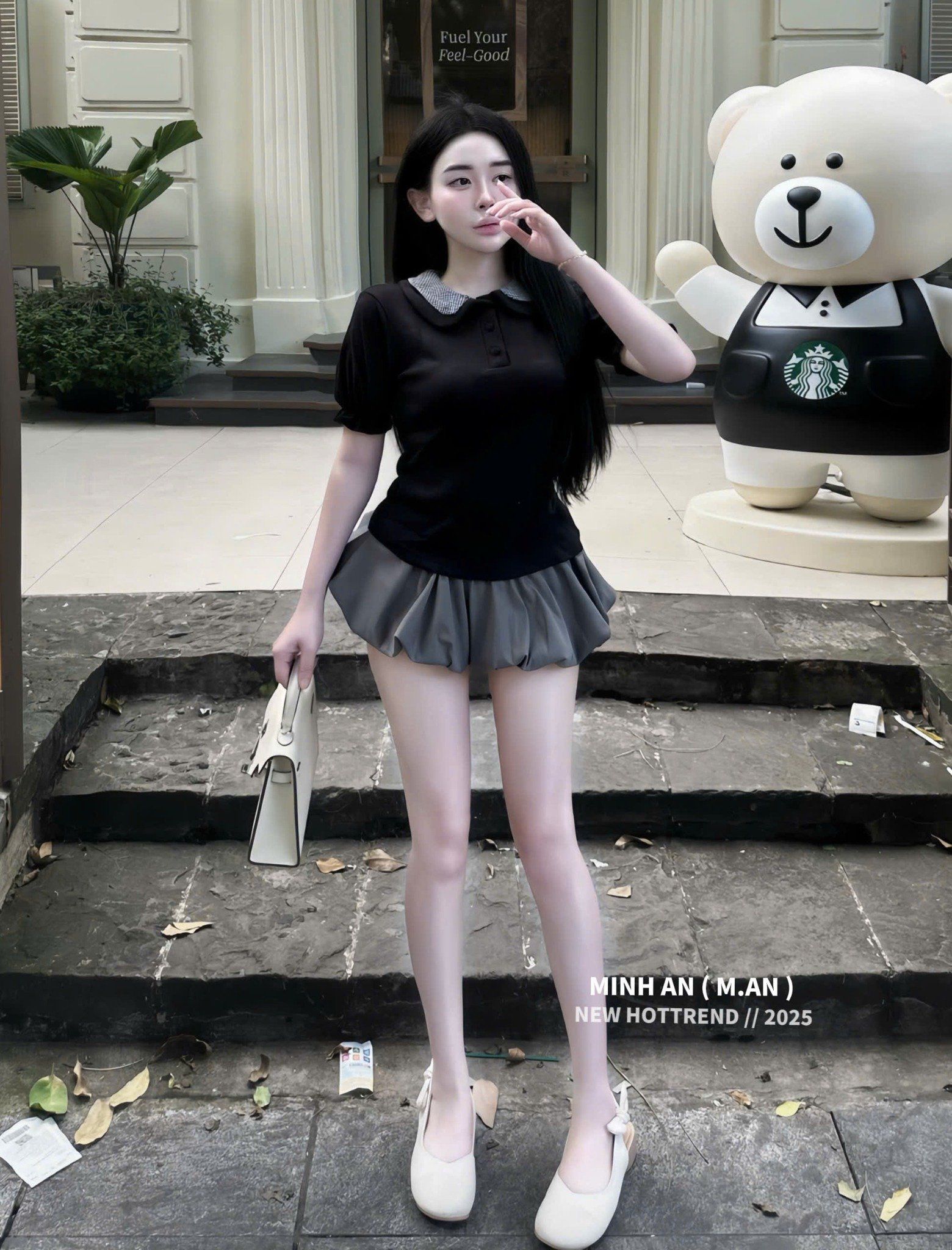  Set áo tay bồng cổ sen phối caro mix chân váy bồng bí - ĐEN - E127 (eo S<68, M<72) 