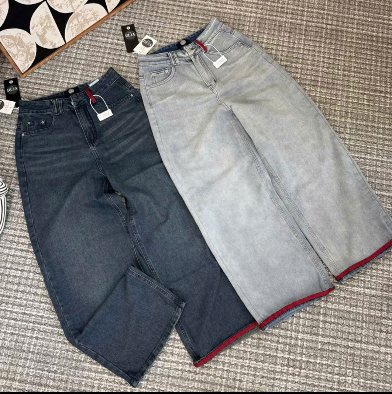  Quần jean BASIC ống suông viền line đỏ - ĐẬM - E155 (EO S<64, M<68, L<72) - Dài 105cm 