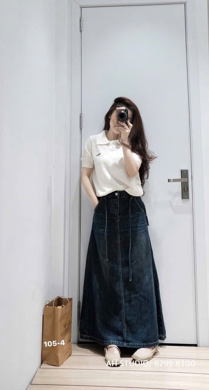  Chân váy jean dài kèm dây wash màu dài 94cm - ĐẬM - E176 (EO S<66, M<68, L<72) 
