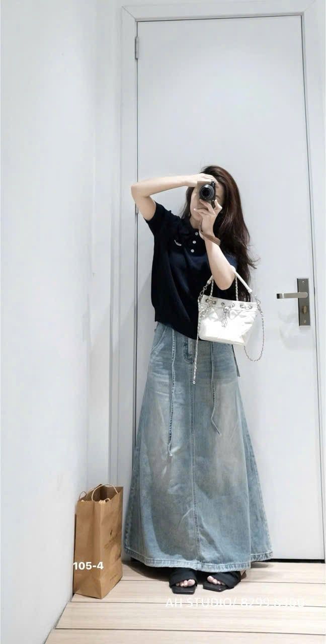  Chân váy jean dài kèm dây wash màu dài 94cm - NHẠT - E177 (EO S<66, M<68, L<72) 