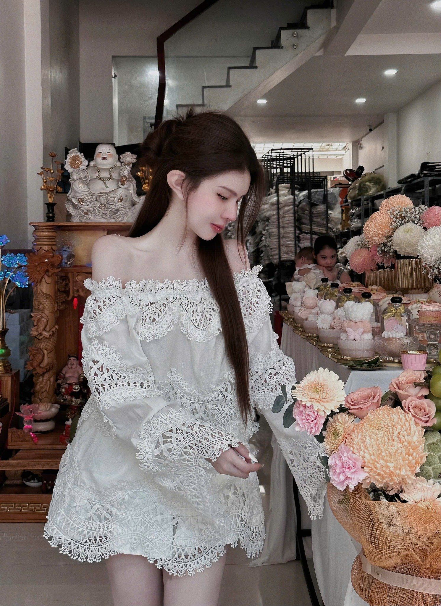  Set áo trễ vai viền ren mix chân váy có lót quần trong - E61 