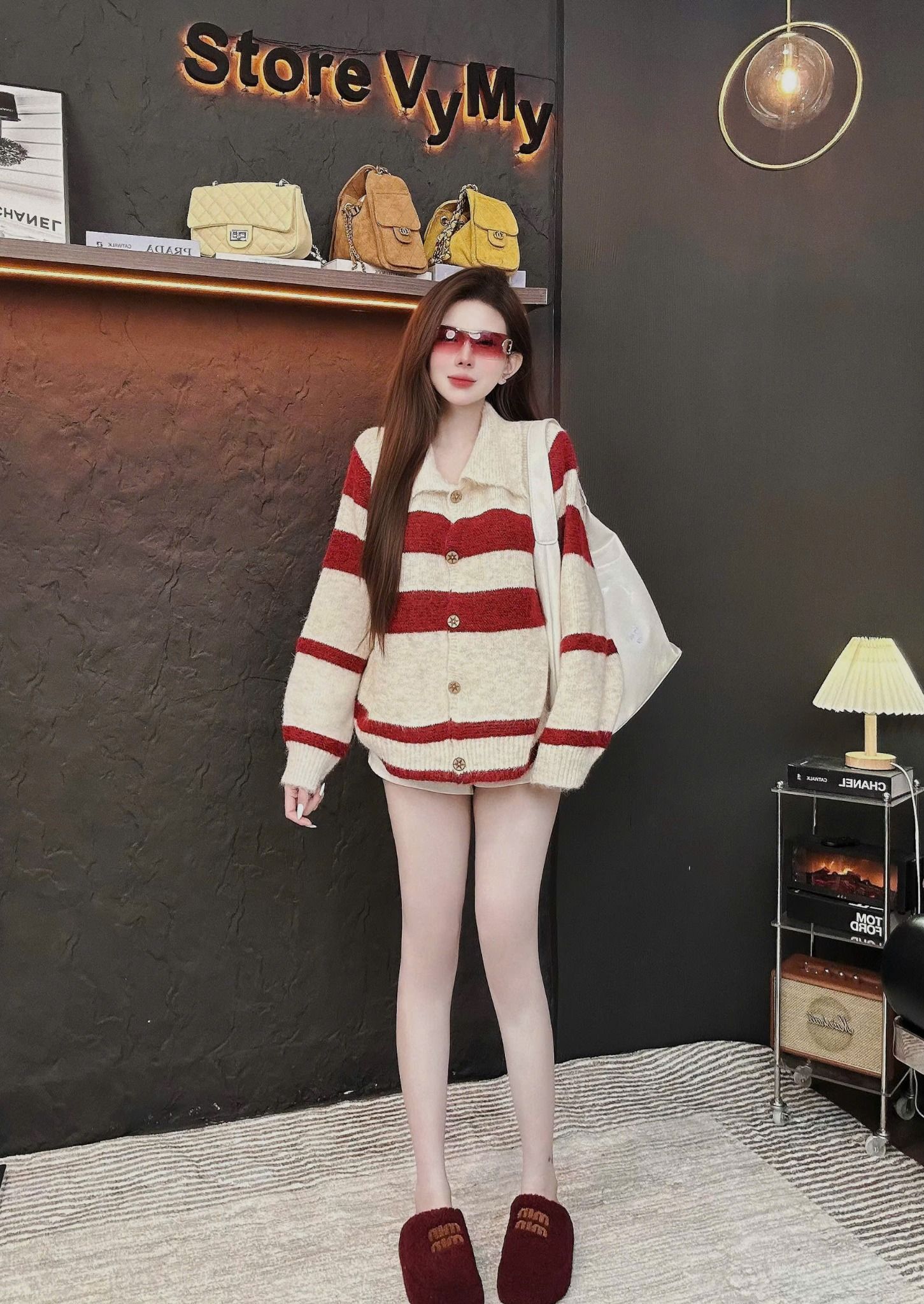  Áo len cổ đức cài nút gỗ kẻ sọc xịn xò - ĐỎ - N158 