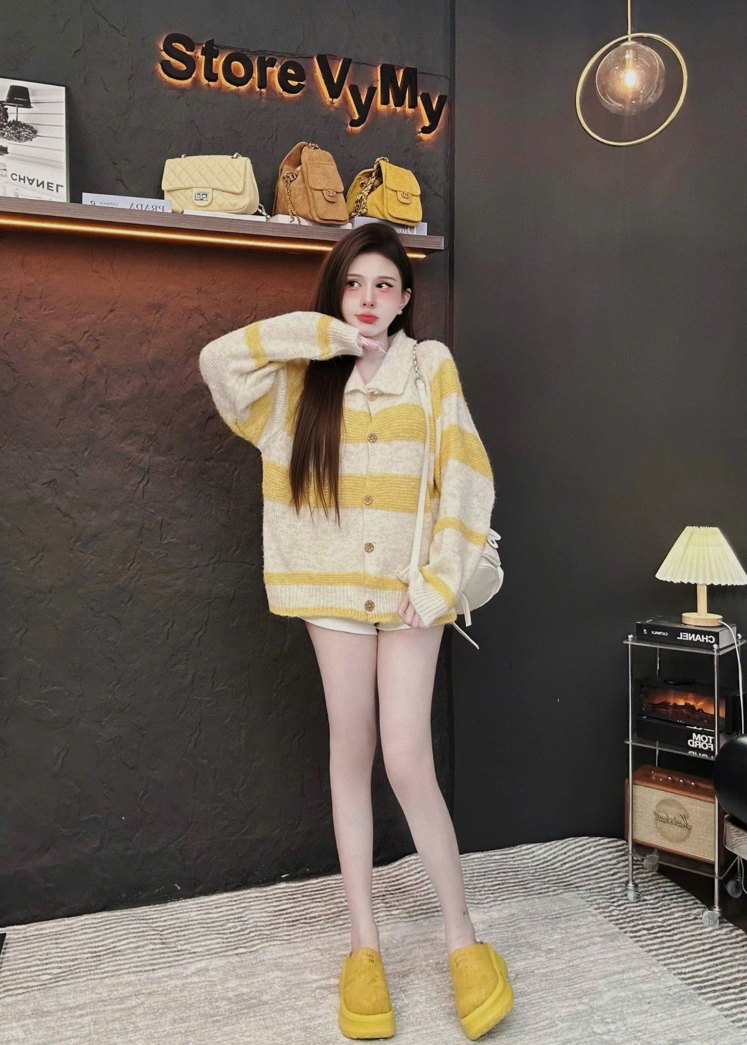  Áo len cổ đức cài nút gỗ kẻ sọc xịn xò - VÀNG - N159 