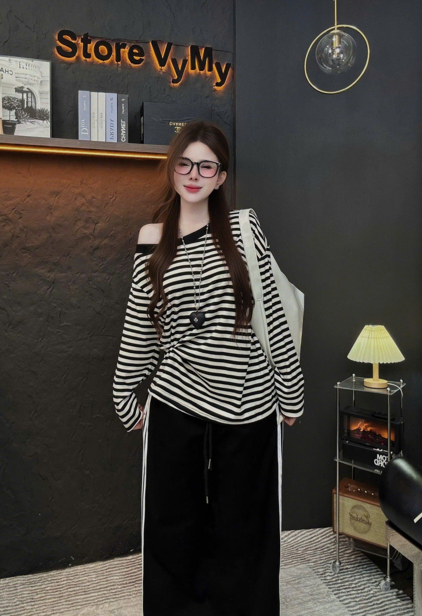  Set áo lệch vai kẻ sọc mix quần suông kẻ sọc - E151 