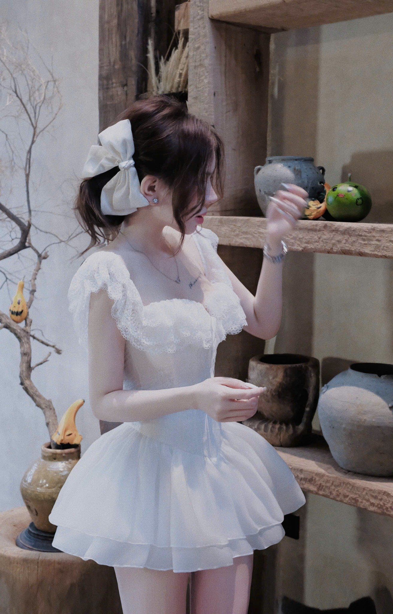  (289K SALE 159K) Đầm hai dây viền ren rút dây gọng corset tùng xoè hai lớp siêu xinh - TRẮNG - E197 (eo S<68, M<72, L<76 có độ co dãn) 