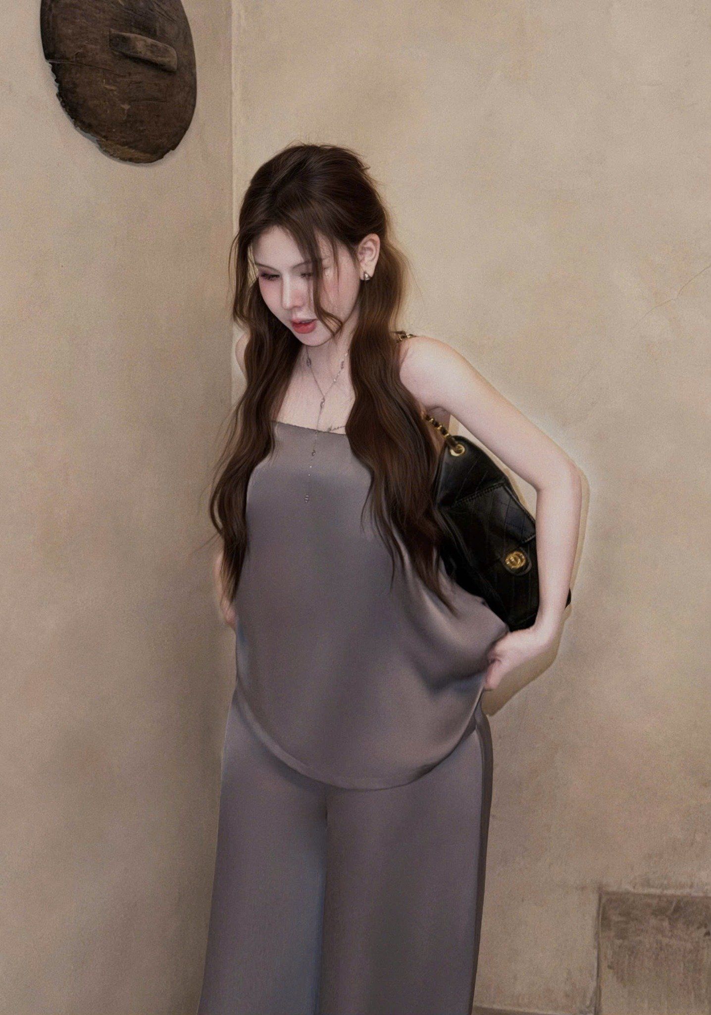  Set lụa áo quây mix quần suông ống rộng sang chảnh - XÁM - E50 ( eo S<70, M<74, L<78) 