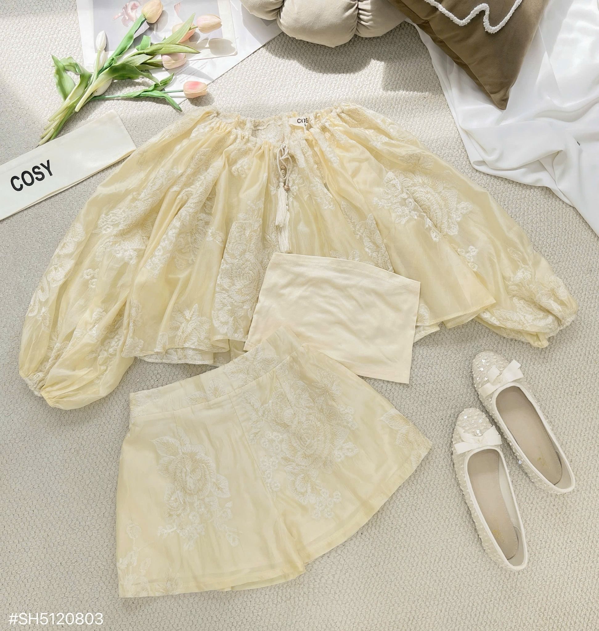  Set 3 món áo tay bồng ren kèm áo quây mix quần short ngắn đúp 2 lớp hàng cao cấp - E295 (eo S<68, M<72) 