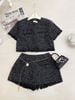  Set 3 món áo dạ nhũ tweed mix quần short tua rua kèm dây đai - ĐEN - G46 (EO S<68, M<72) 