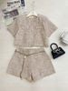  Set 3 món áo dạ nhũ tweed mix quần short tua rua kèm dây đai - NÂU - G47 (EO S<68, M<72) 
