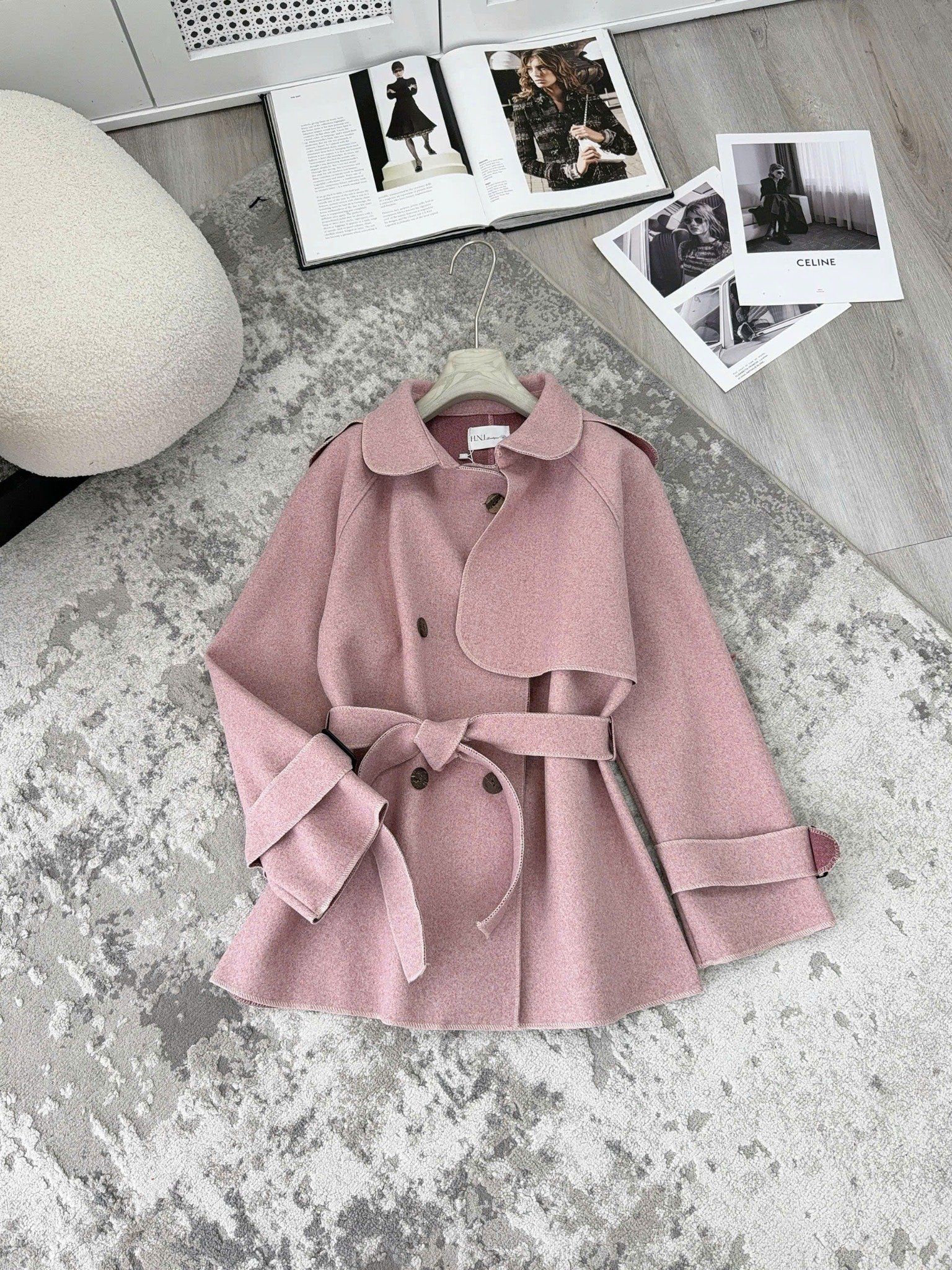  Áo khoác mangto cổ sen đính cúc gỗ kèm dây đai - HỒNG - G15 