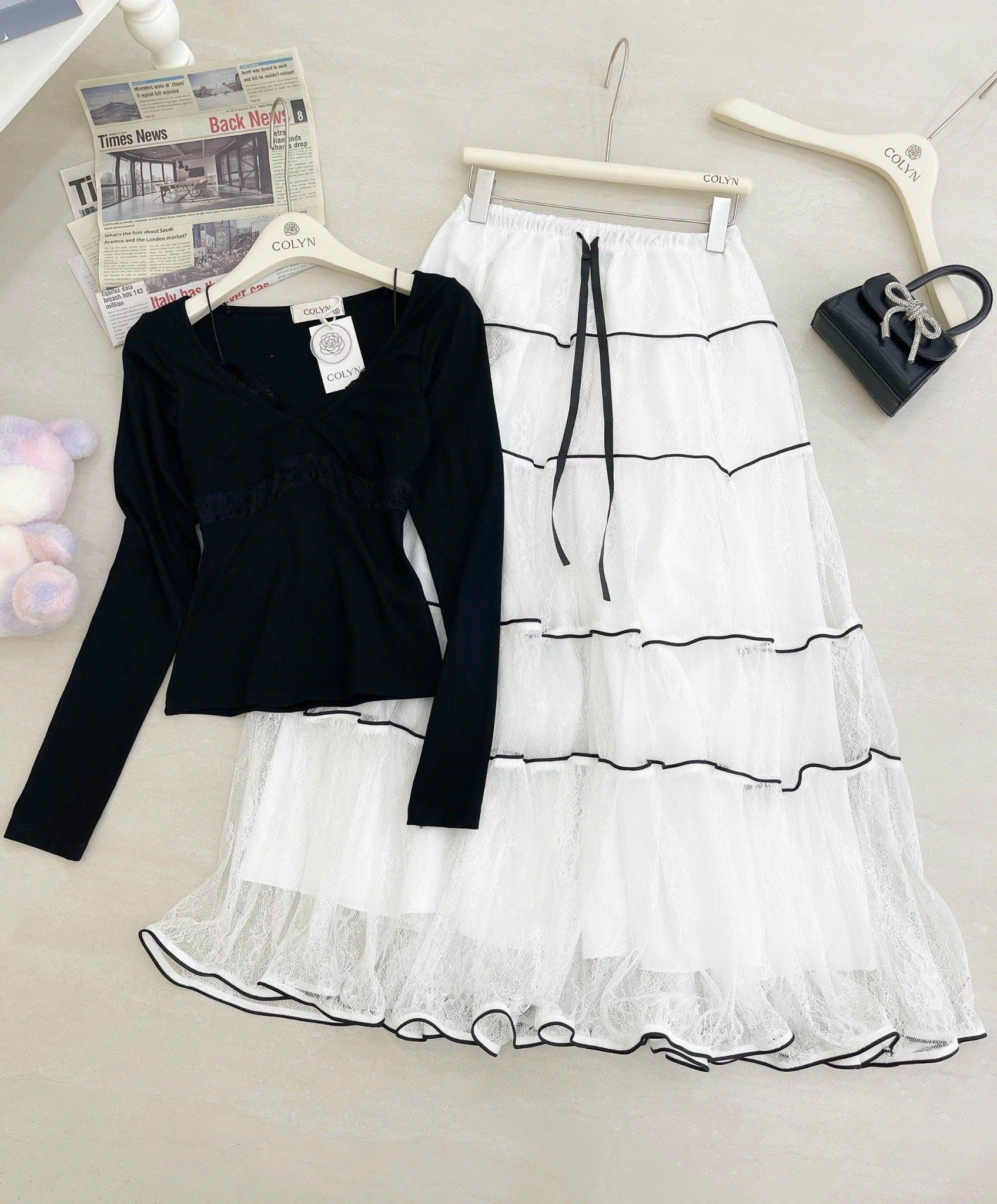  Set áo tay dài phối bra mix chân váy suông dài xòe MPB - G40 