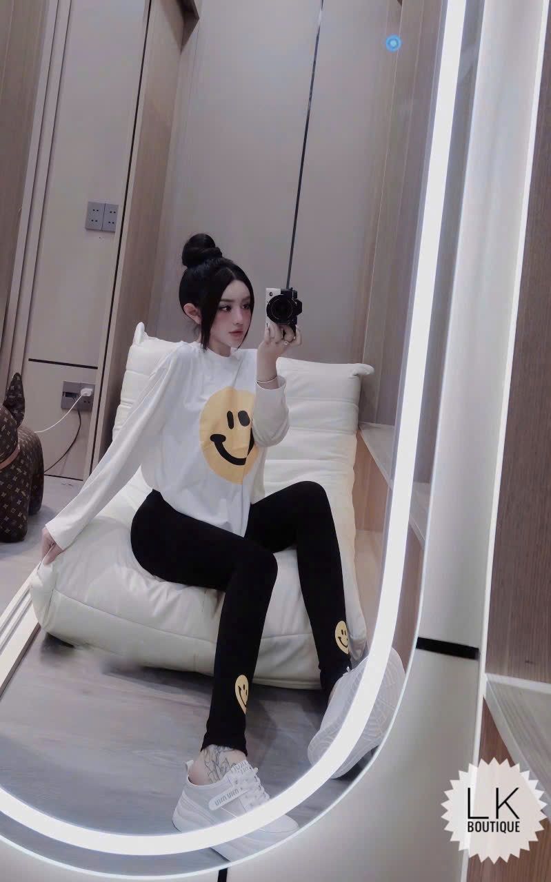  Set áo thun tay dài mặt cười mix quần legging - TRẮNG - G91 