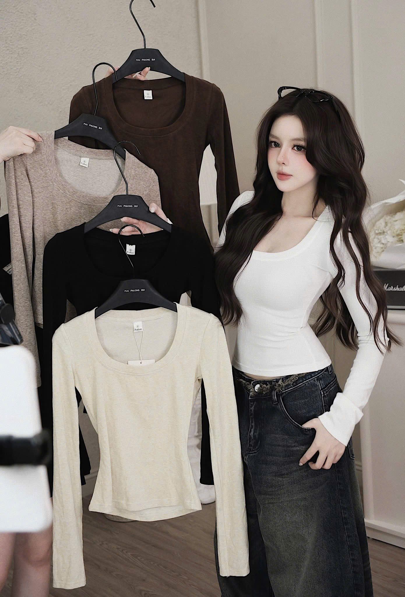  Áo thun tay dài cổ vuông chất xịn lên form siêu đỉnh - NÂU - G138 