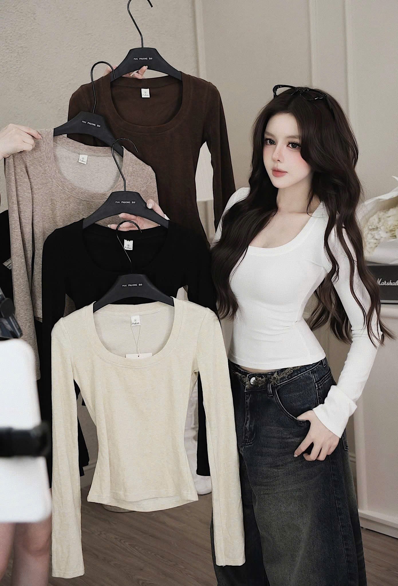  Áo thun tay dài cổ vuông chất xịn lên form siêu đỉnh - KEM - G140 