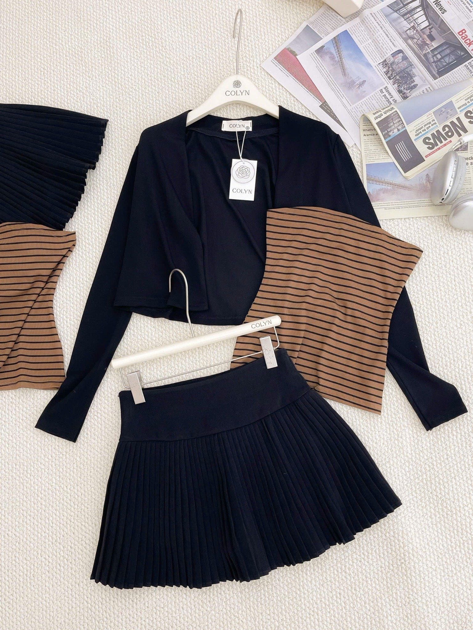  Set 3 món áo quây kèm khoác mỏng mix chân váy xếp li - G144 (eo S<68, M<72) 