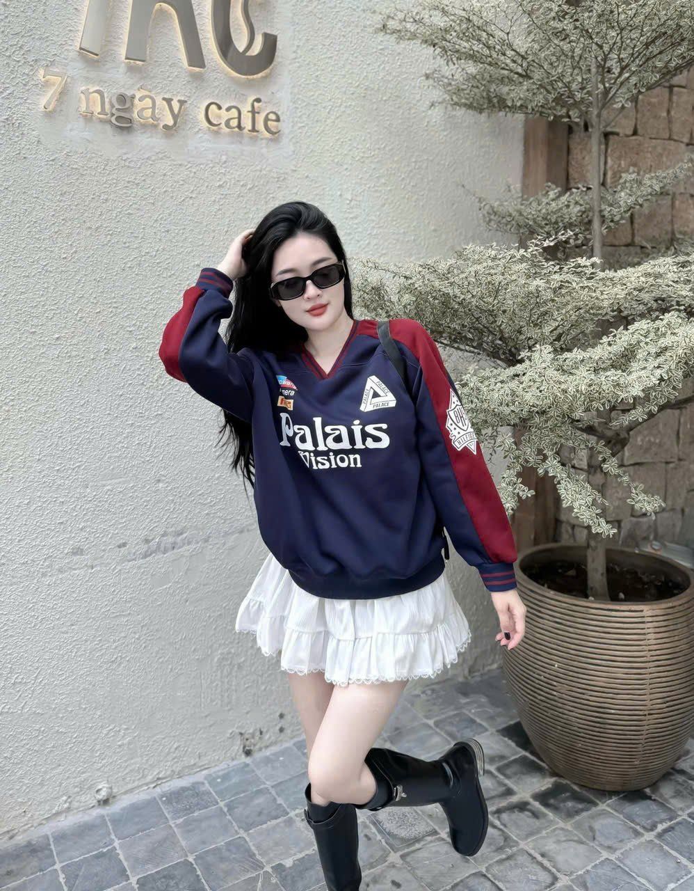  Set áo tay dài chữ viền kẻ mix chân váy xòe - XANH - G156 