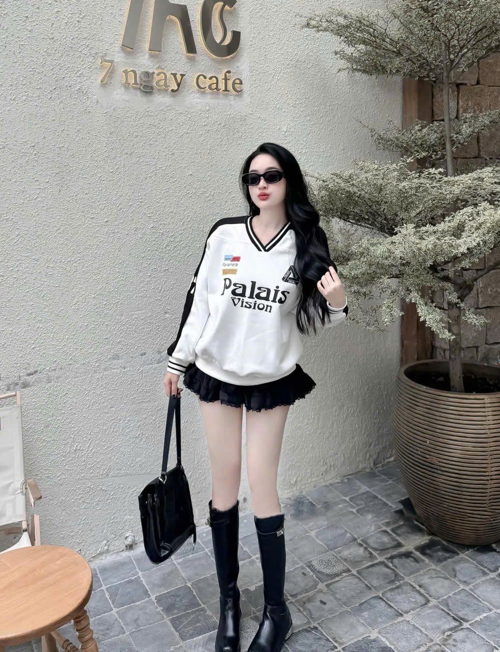  Set áo tay dài chữ viền kẻ mix chân váy xòe - TRẮNG - G157 