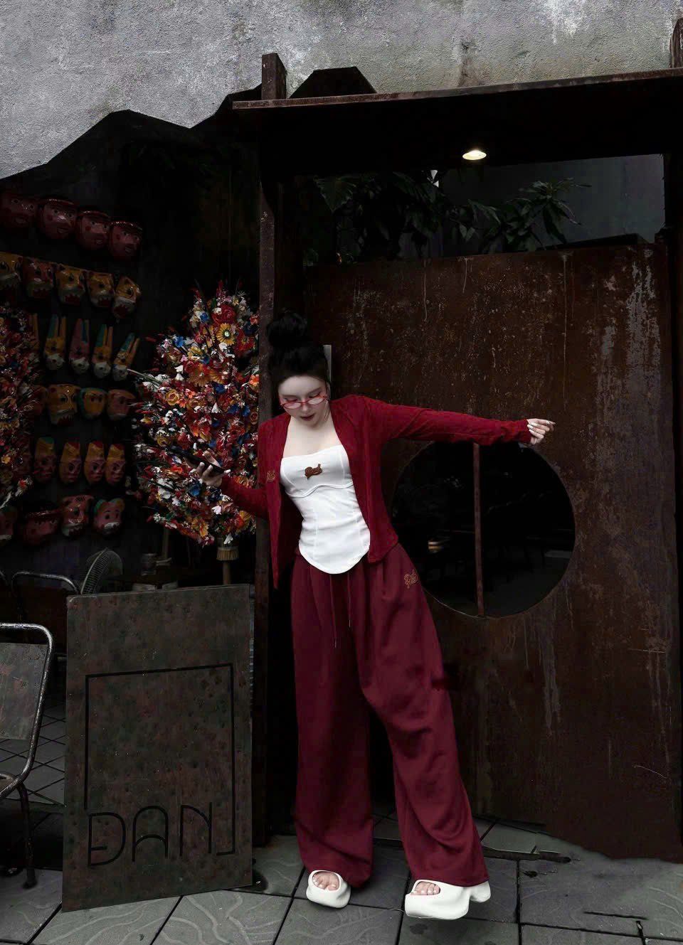  Set 3 món áo quây Bad vạt tôm kèm khoác mỏng mix quần suông ống rộng - ĐỎ - G166 