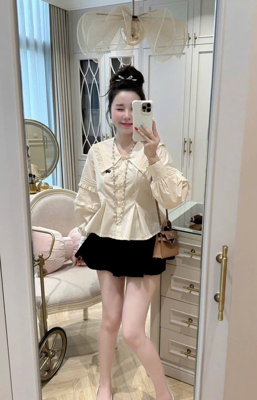  Set áo sơ mi cổ nhọn phối bèo thêu nơ mix chân váy nhung ngắn - G168 