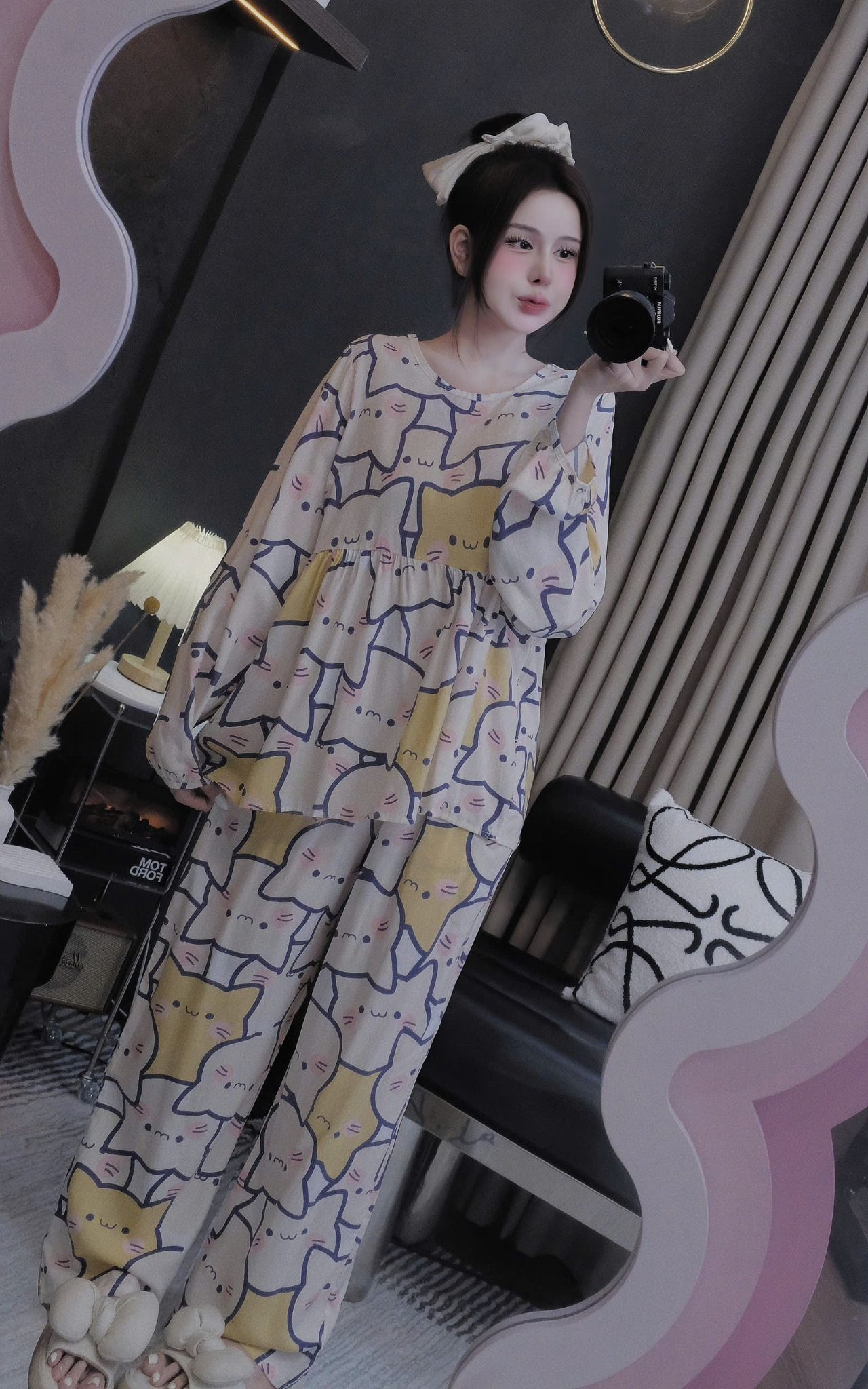  Set bộ tole áo babydoll mix quần suông dài họa tiết - MÈO VIỀN XANH - Z10 