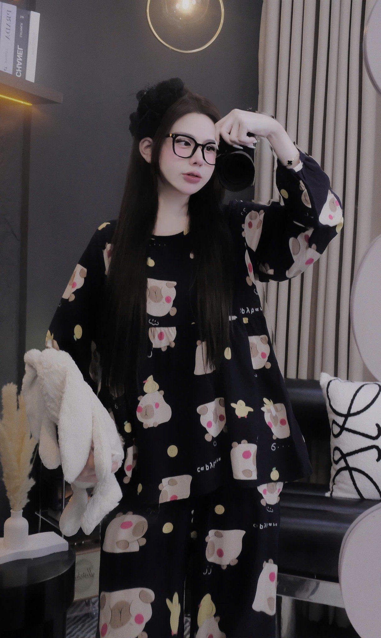  Set bộ tole áo babydoll mix quần suông dài họa tiết - CAPPY PARA ĐEN - Z20 