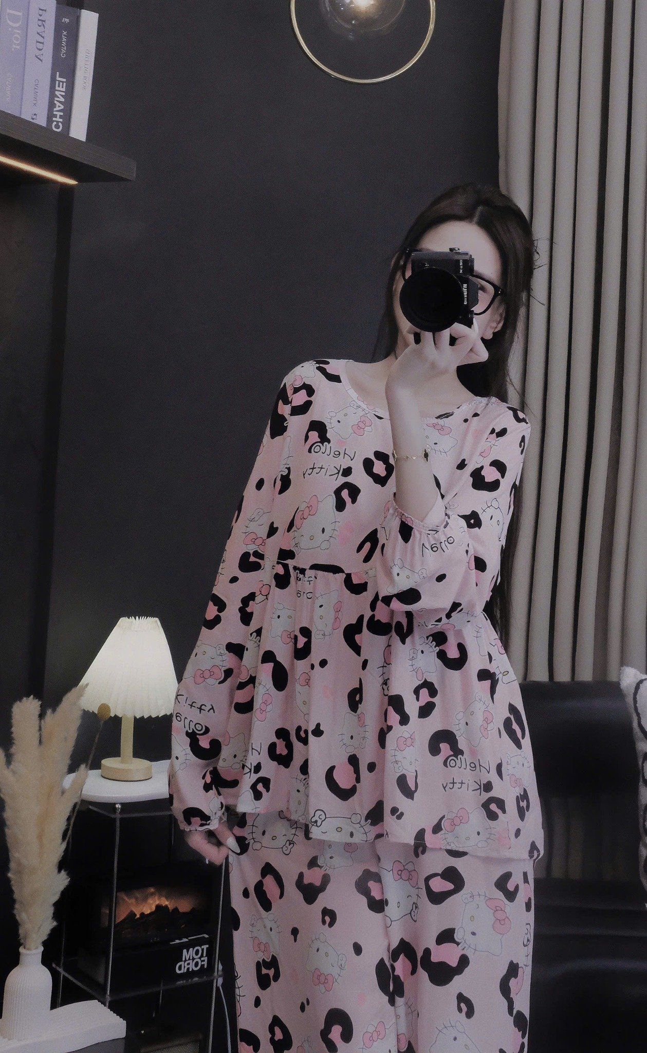  Set bộ tole áo babydoll mix quần suông dài họa tiết - KITTY BÒ SỮA HỒNG - Z13 