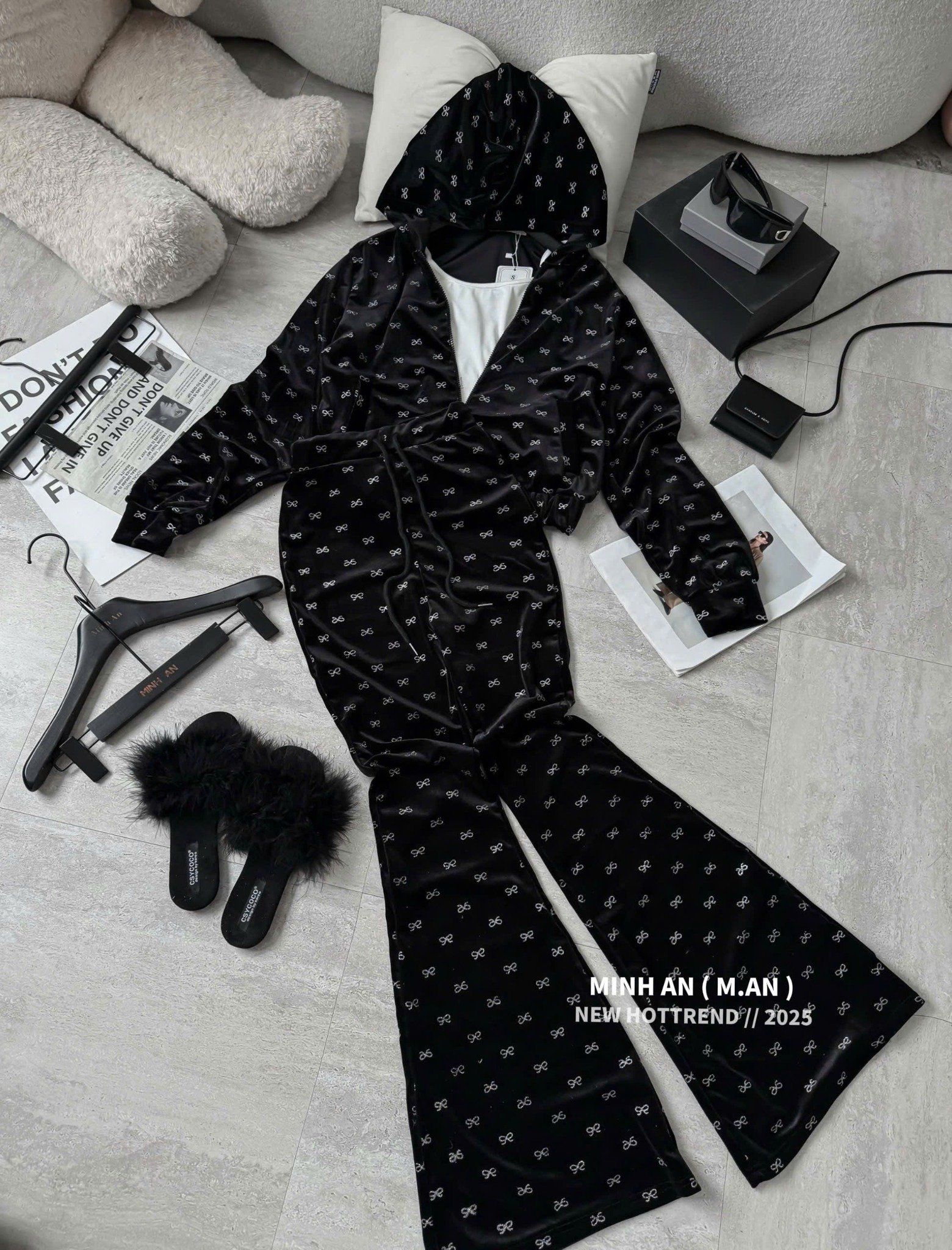  Set nhung 3 món áo 2s mix khoác ngắn mix quần suông ống loe họa tiết - NƠ - G175 