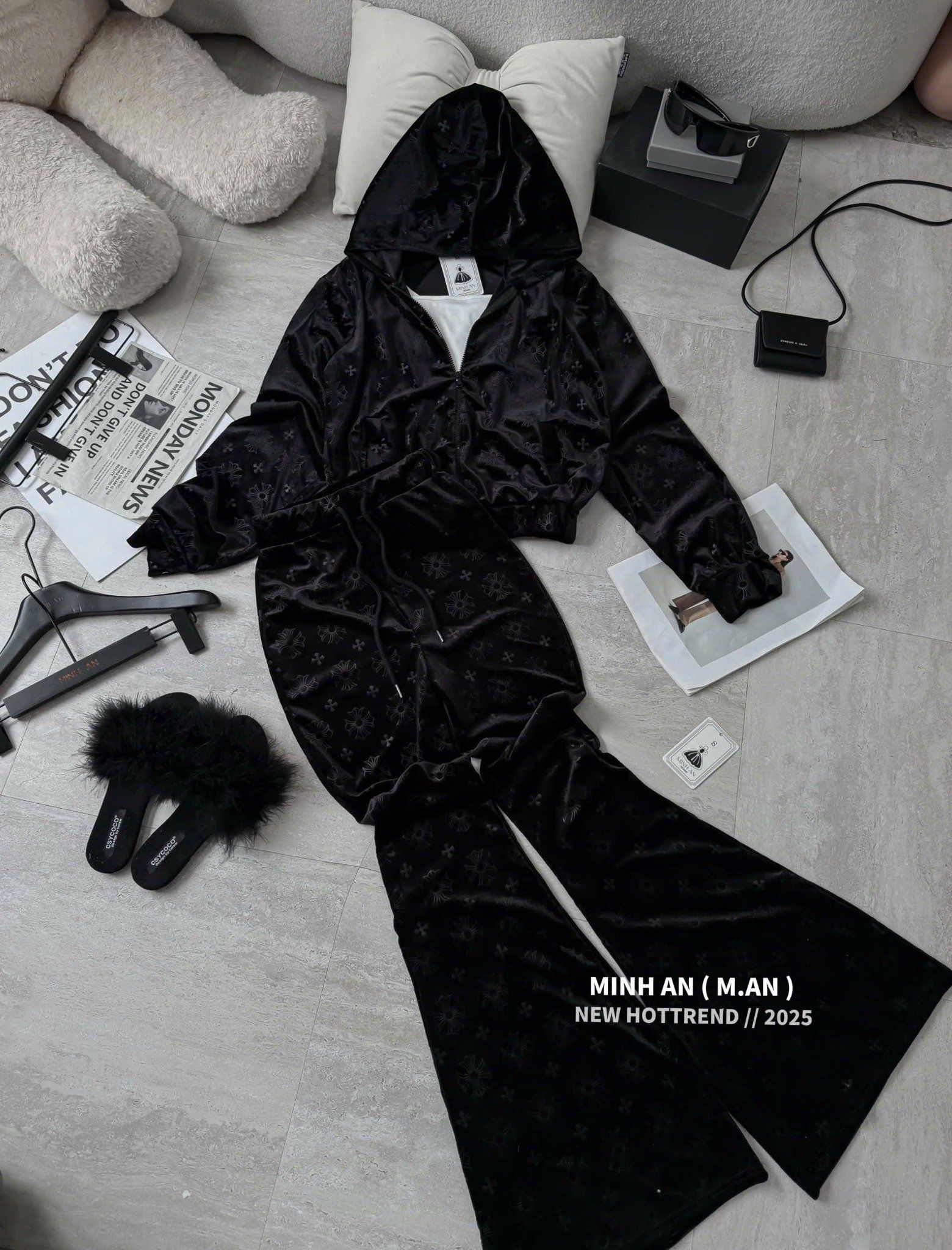  Set nhung 3 món áo 2s mix khoác ngắn mix quần suông ống loe họa tiết - CHỮ THẬP - G176 