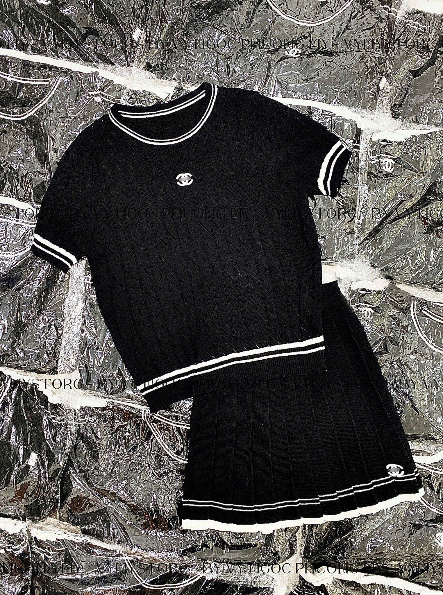  Set len phối viền logo chanel phối chân váy - ĐEN - G113 