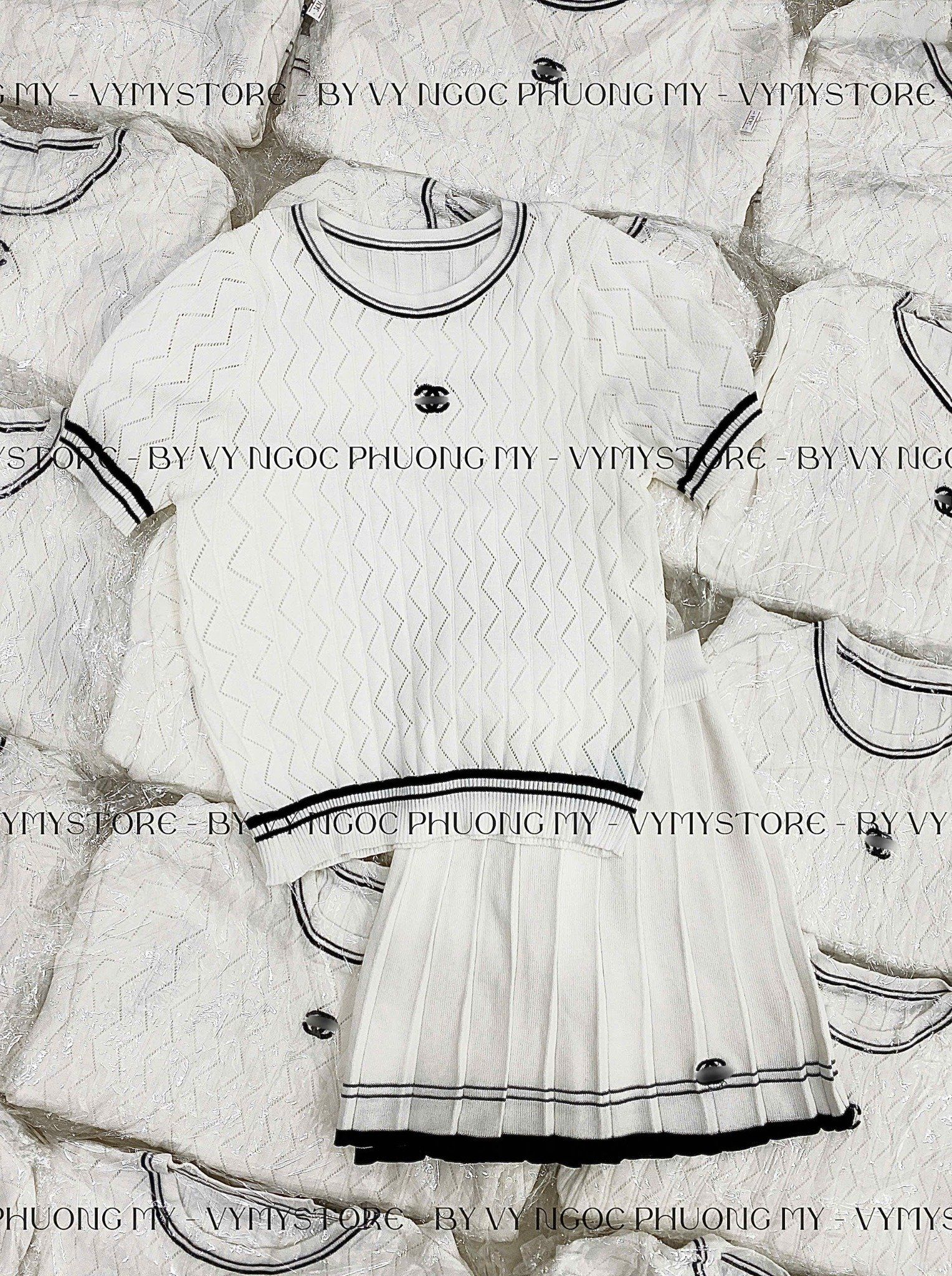  Set len phối viền logo chanel phối chân váy - TRẮNG - G114 