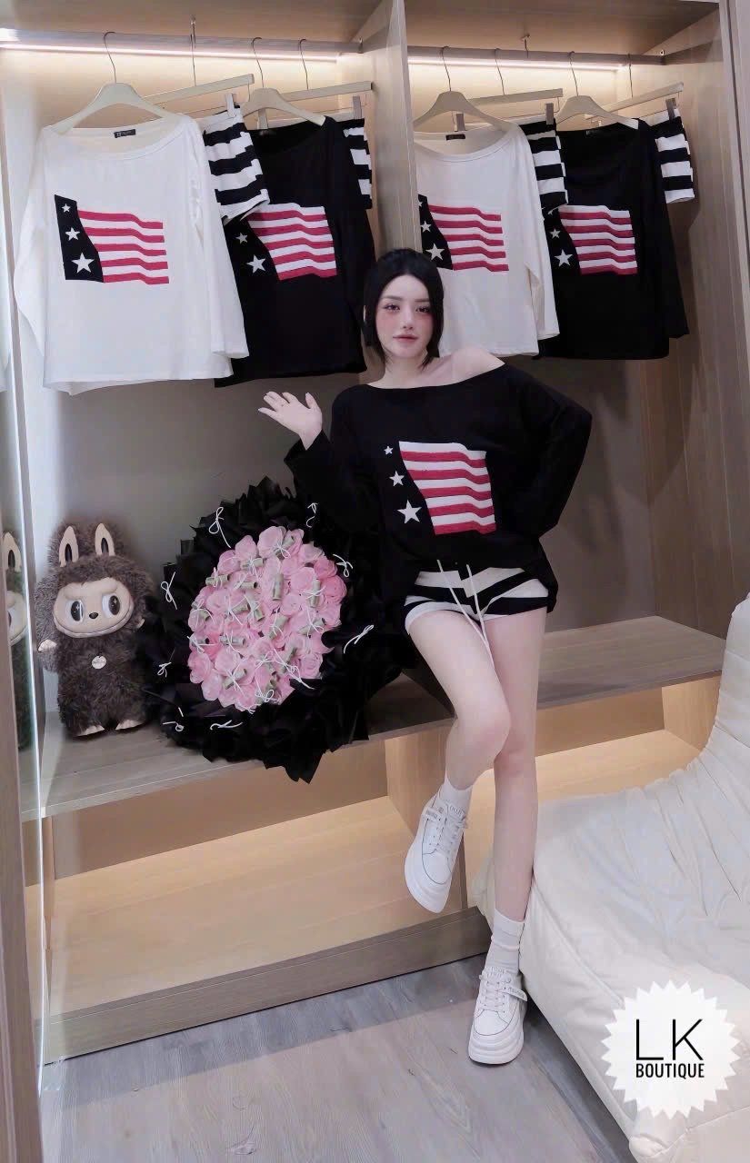  Set áo lệch vai lá cờ mix quần short kẻ - ĐEN - G183 