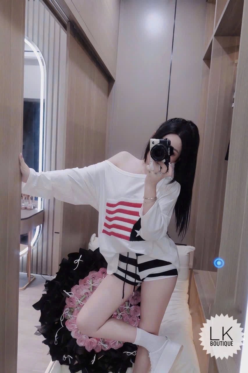  Set áo lệch vai lá cờ mix quần short kẻ - TRẮNG - G184 