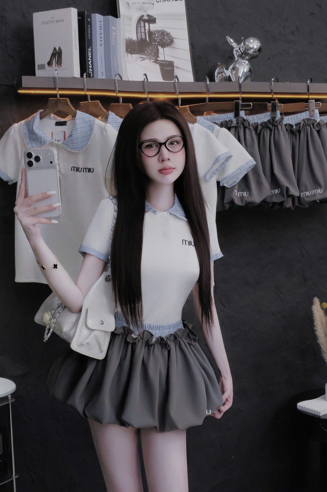  Set miumiu cổ đức mix chân váy bồng bí - TRẮNG - G162 