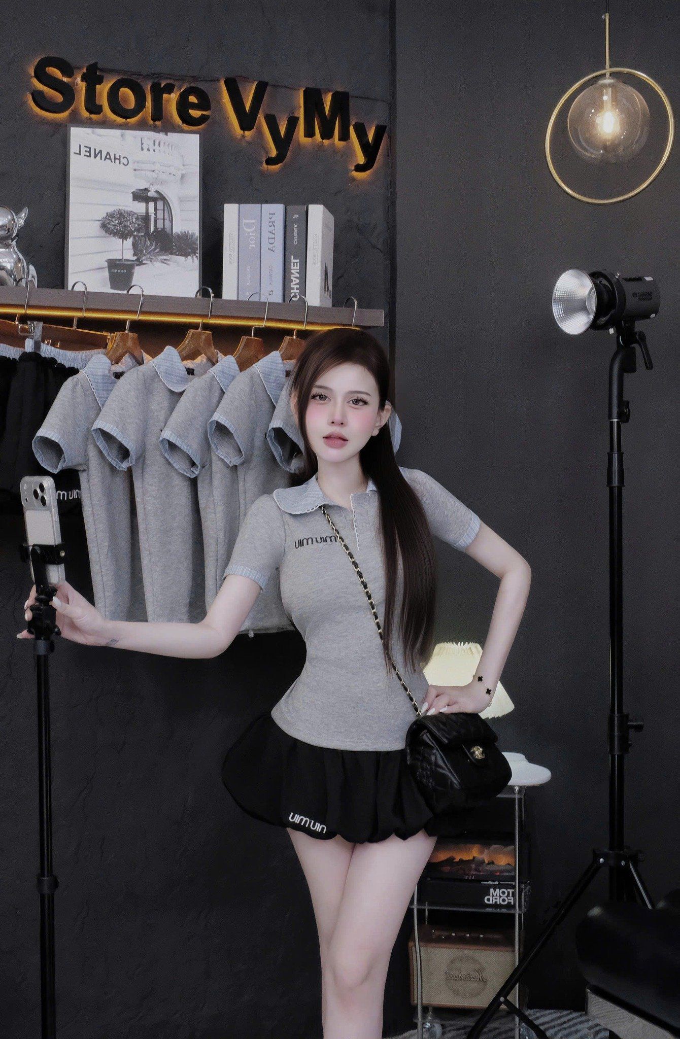  Set miumiu cổ đức mix chân váy bồng bí - XÁM - G161 