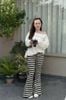 Set áo tay dài lệch vai mix quần ống loe kẻ sọc - G186