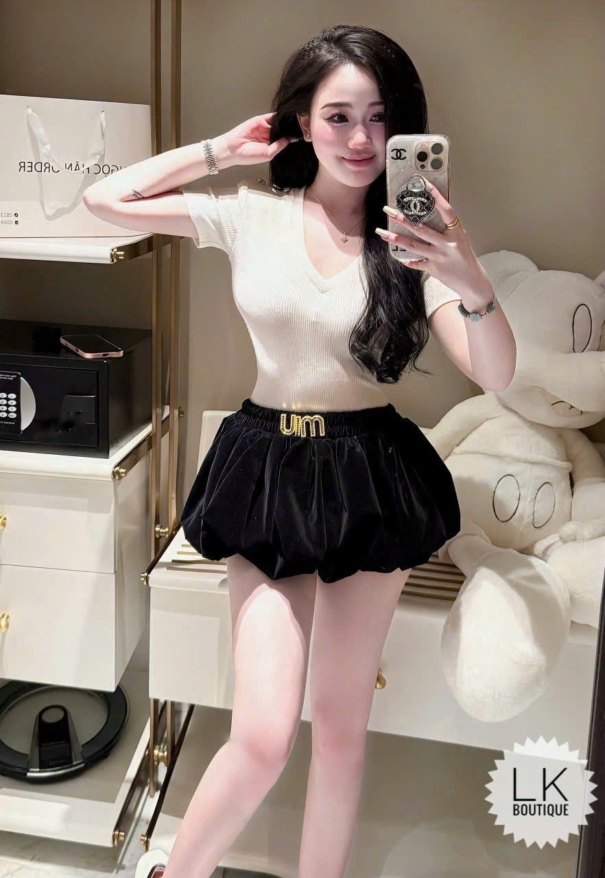  Set áo cổ V mix chân váy nhung miumiu - B18 