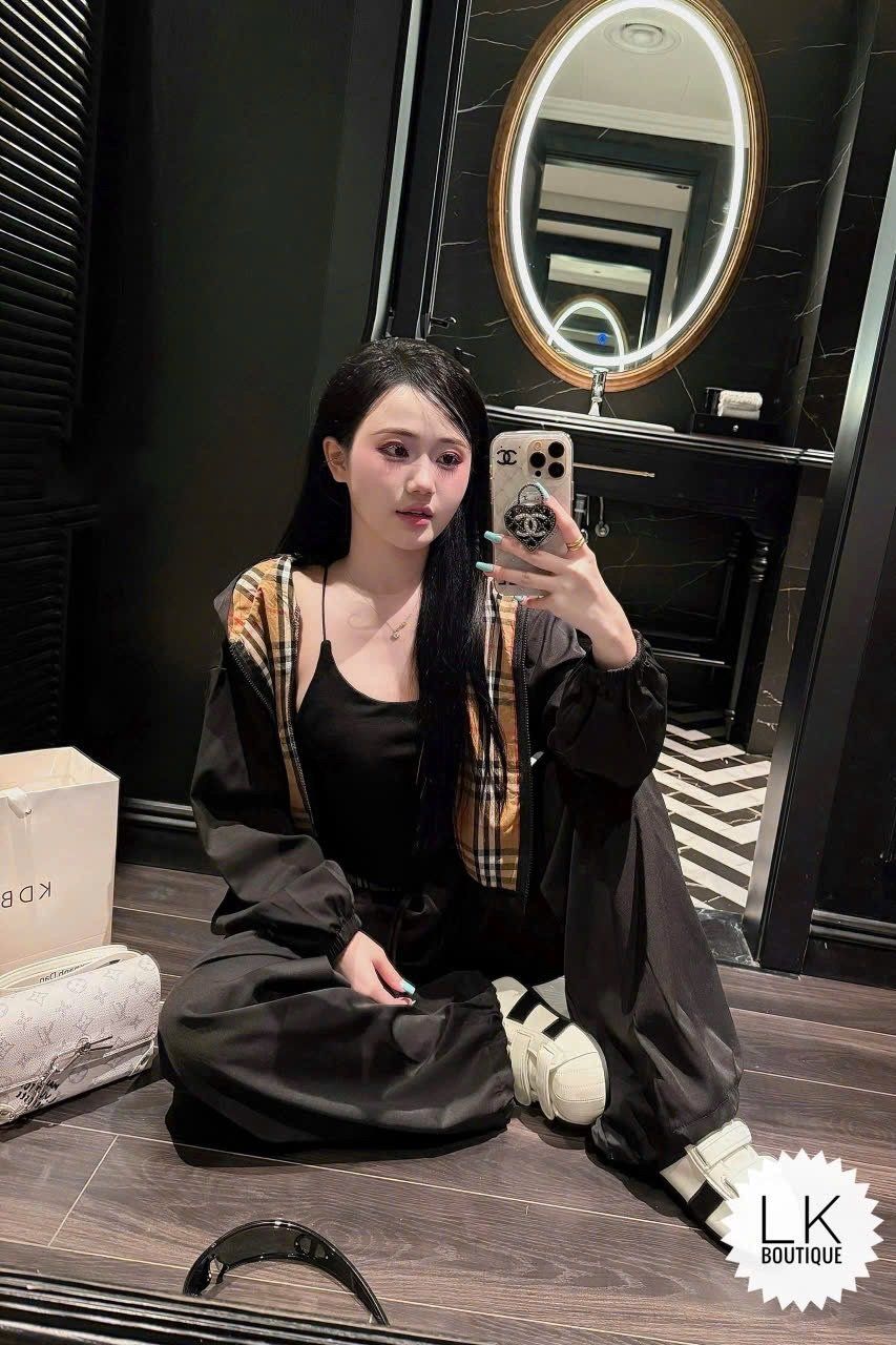  Set 3 món áo hai mix quần suông dáng dài kèm áo khoác crt dây rút mũ kẻ siêu hot - ĐEN - B19 