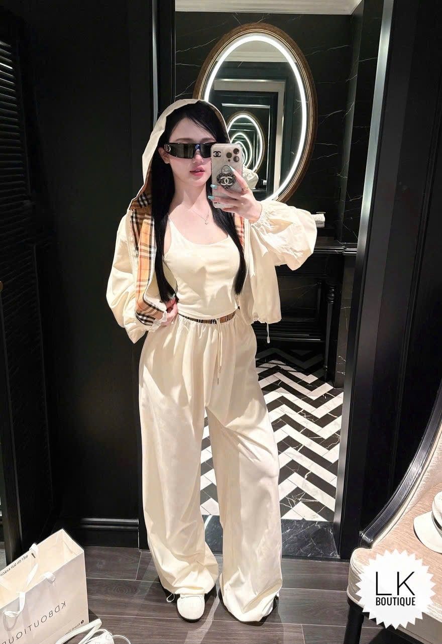  Set 3 món áo hai mix quần suông dáng dài kèm áo khoác crt dây rút mũ kẻ siêu hot - KEM - B20 