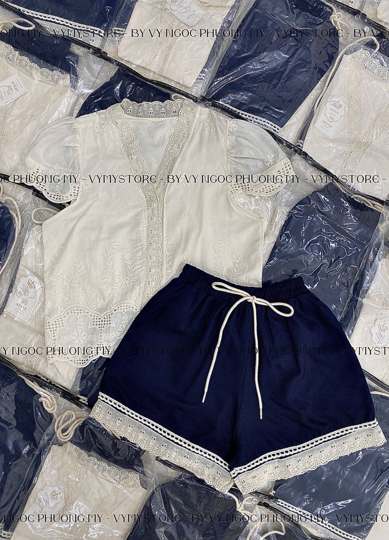  Set áo tay hến cổ v phối viền laser nổi mix quần short phối ren - B14  ( dưới 58kg ) 